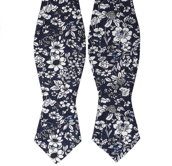 Dark Blue Self Bow Tie with White Flowers