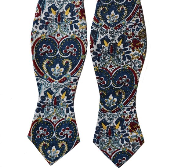 White Self Bow Tie with Blue Paisley