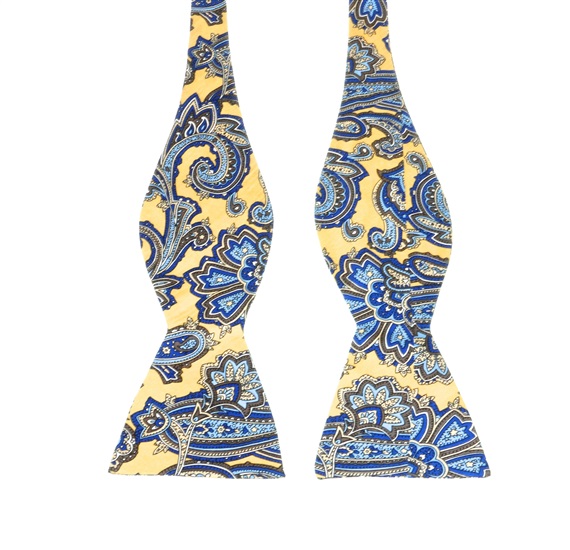 Yellow Mustard Self Bow Tie with Royal Blue Paisley