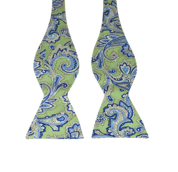 Green Silk Self Bow Tie with Blue Cashmere