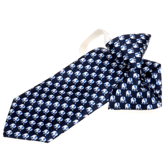 Boy's Navy Blue Silk Tie with Elephants