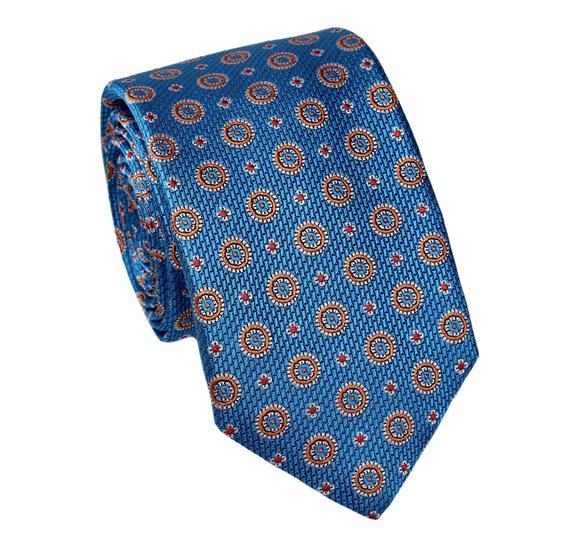 Royal Blue with Ocher Design Silk Tie