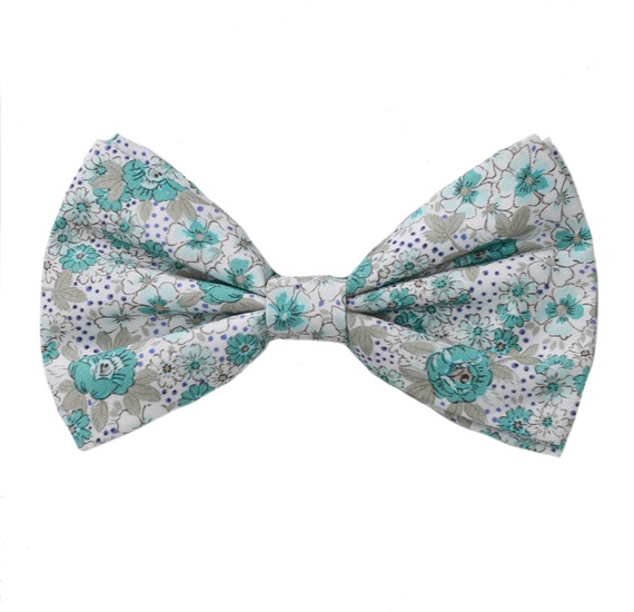 White Bow Tie with Turquoise Flowers