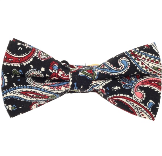 Black Bow Tie with Garnet, White and Blue Paisley