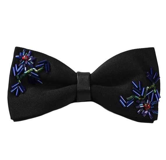 Black Bow Tie with Blue Glass Beads Embroidery