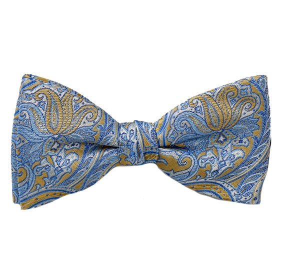 Yellow Bow Tie and Pocket Square with Blue Paisley