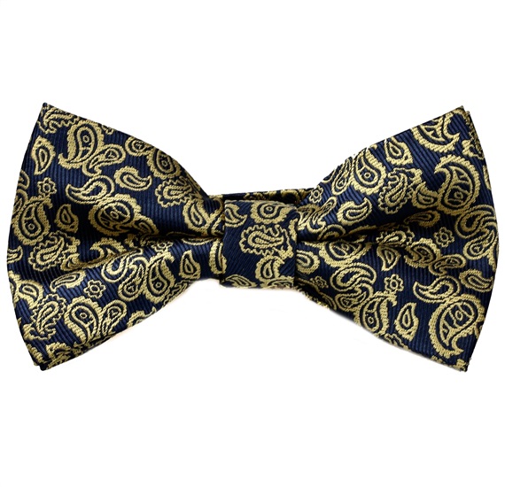 Blue Bow Tie and Pocket Square with Gold Paisley