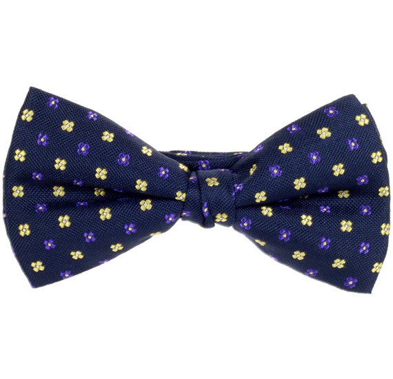Blue Bow Tie and Pocket Square with Yellow Flowers