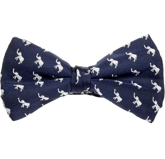Blue Bow Tie and Pocket Square with White Elephants
