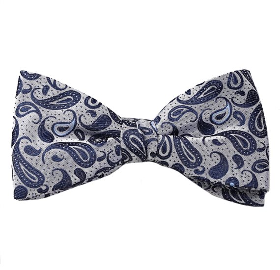 Grey Bow Tie and Pocket Square with Blue Paisley