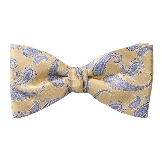 Yellow Silk Bow Tie and Pocket Square with Blue Paisley