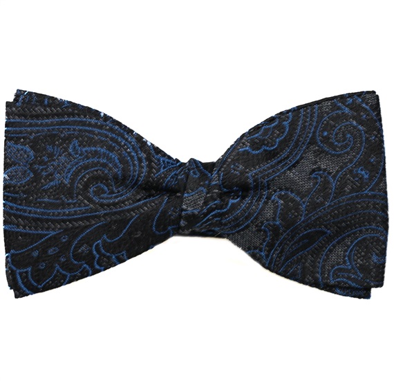 Grey Silk Bow Tie and Pocket Square with Black Paisley