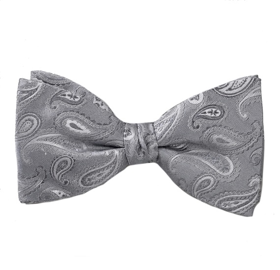 Grey Silk Bow Tie and Pocket Square with Grey Paisley
