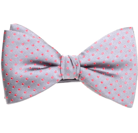 Grey Silk Bow Tie and Pocket Square with Pink Dots