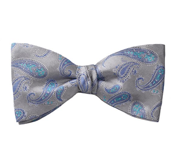 Grey Silk Bow Tie and Pocket Square with Blue Paisley