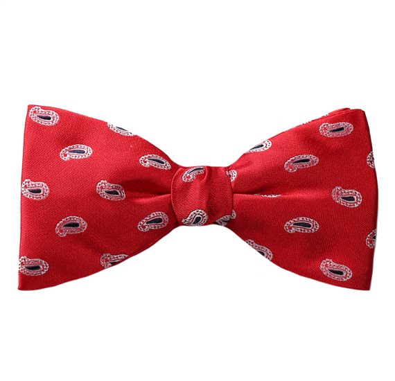 Red Silk Bow Tie and Pocket Square with White and Blue Paisley