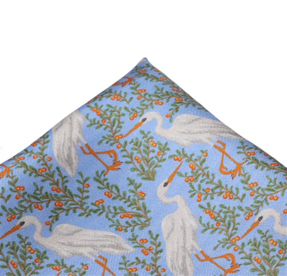 Blue Silk Pocket Square with Stork