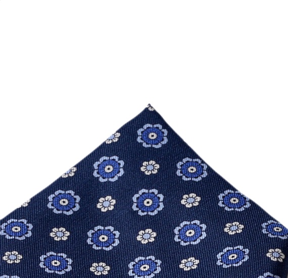 Blue Silk Pocket Square with Flowers