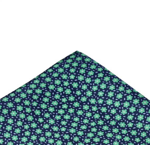 Blue Silk Pocket Square with Green Flowers
