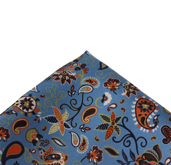 Royal Blue Silk Pocket Square with Flowers
