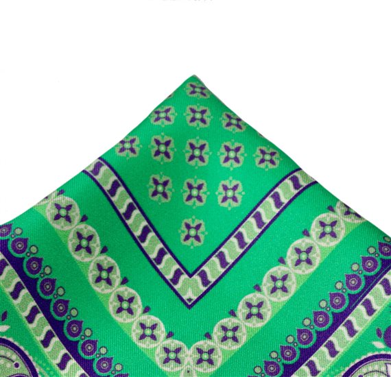 Green Silk Pocket Square with Purple Paisley