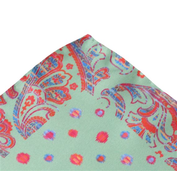 Green Silk Pocket Square with Orange Paisley
