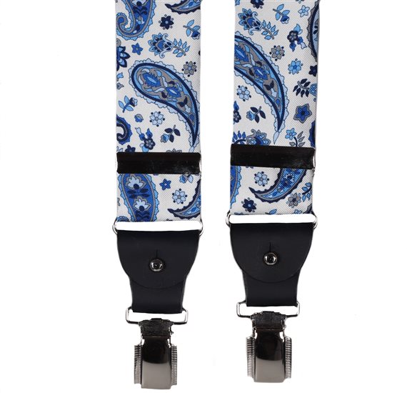 White Natural Silk Elastic Braces Blue Paisley