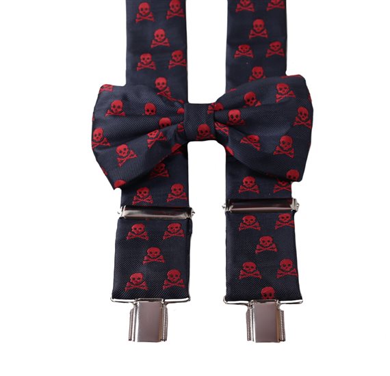 Dark Blue with Garnet Skulls Braces and Bow Tie