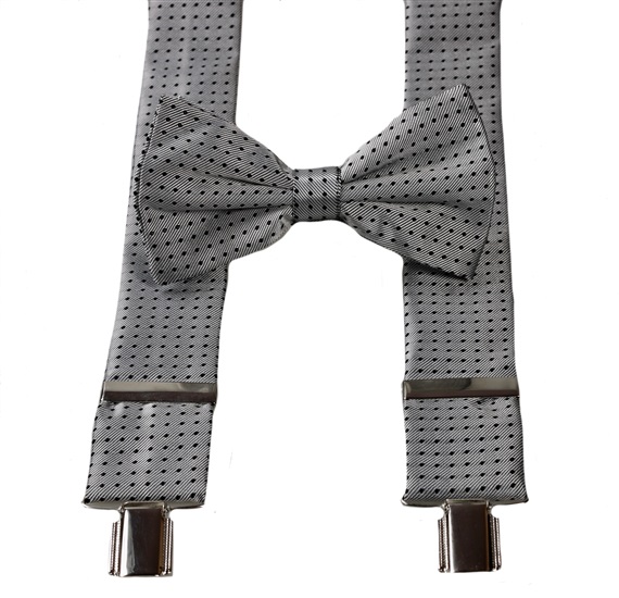 Grey with Black Dots Braces and Bow Tie